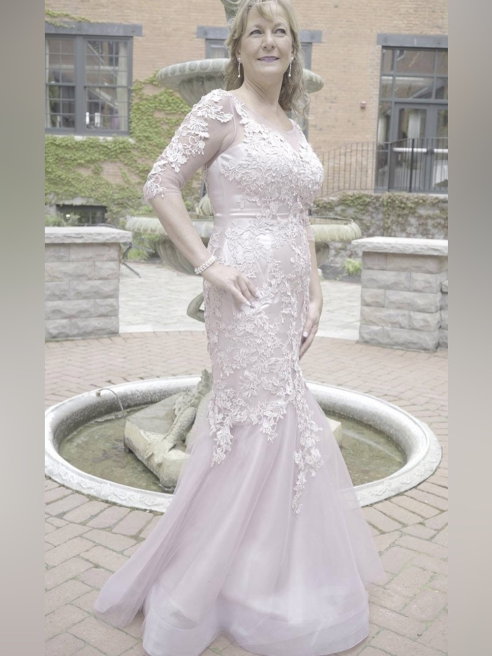 Lace Appliqué Illusion Sleeve Mermaid Gown - Light Mauve EUC